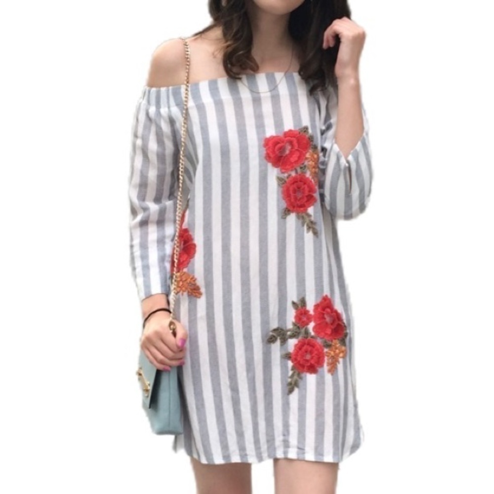Boho Floral Embroidered Off the Shoulder Summer Dress
